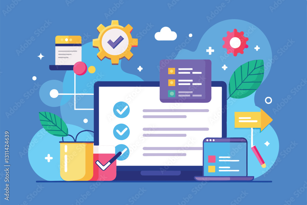 Poster a vibrant display of customizable project management tools on digital devices with checklists and gr