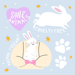 Animal friendly cute cartoon vector illustration. Cruelty free concept stickers design. Actions and policies to protect nature and animals in need of protection. White bunny cute character