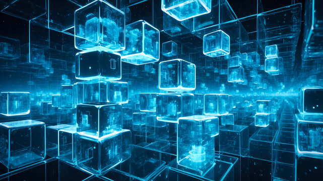 A series of floating, three-dimensional transparent glass cubes arranged in a dynamic layout, each covered with binary code