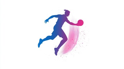 Obraz premium Silhouette of a female basketball player in mid-air, dynamic action, abstract background. Possible use Sports, action, digital art