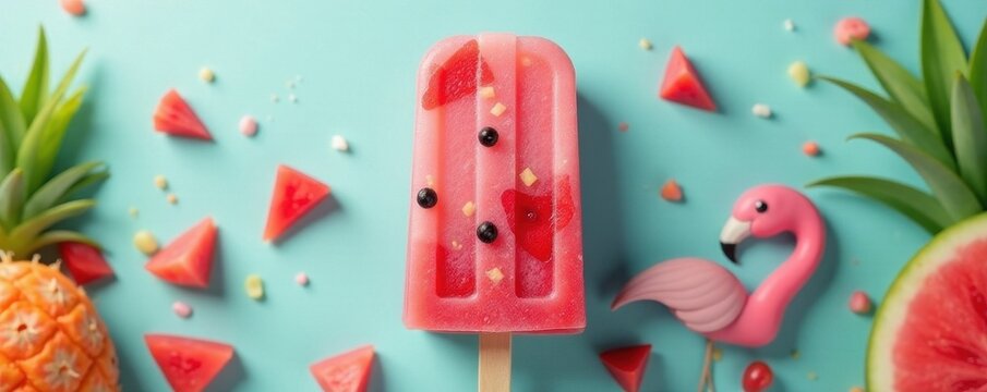 Pink flamingo, watermelon slices, pineapple pattern on popsicle , cool, texture, summer pattern