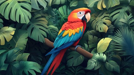 Obraz premium A vibrant parrot with dazzling red, yellow, and blue feathers perches on a lush jungle branch, surrounded by the emerald vibrancy of a tropical canopy. Its vivid colors stand out brilliantly in this v
