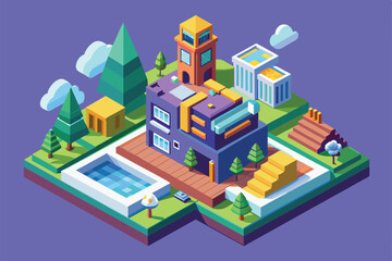 This illustration showcases a lively isometric neighborhood with a modern house, pool, and greenery, Prioritise Customizable Isometric Illustration