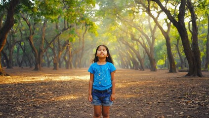 Fototapeta premium A little girl stands in the middle of a leafy alley and looks up at the clouds.