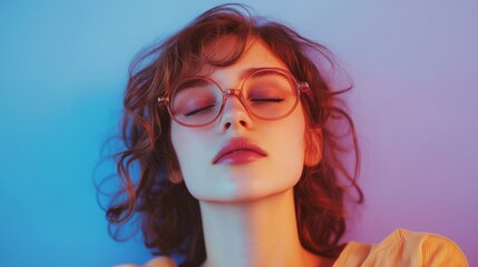 Fototapeta premium woman with red hair and glasses in neon light