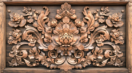 Intricate floral wood carving with symmetrical design and detailed patterns