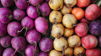 Vibrant assortment of fresh turnips and beets in various colors