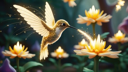 Obraz premium Ethereal Golden Light Hummingbird Hovering in a Magical Garden of Glowing Otherworldly Flowers