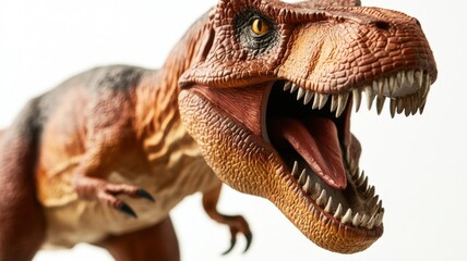 Naklejka premium Closeup of a T-Rex figurine with sharp teeth and textured skin, isolated on white, showcasing primal power and intricate detail.