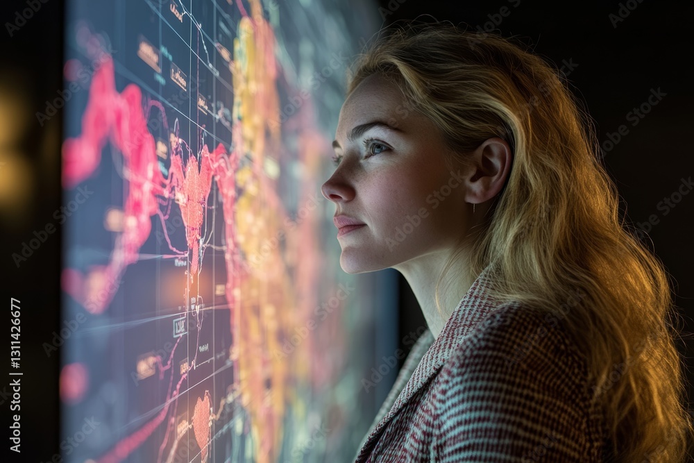 Poster woman analyzing data on interactive digital screen with focused precision