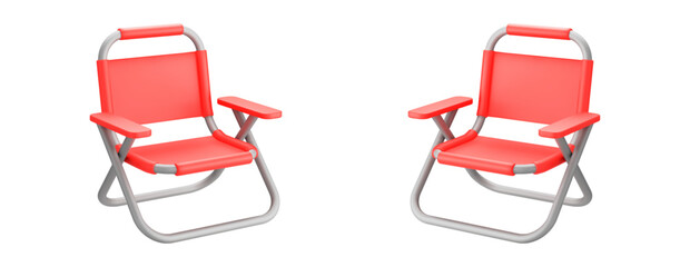 3d camping chairs red color. Foldable portable chair for picnic or rest. Stock vector illustration on isolated background.