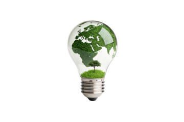 A glass bulb encasing lush greenery in the shape of continents, visually representing global sustainability and the importance of environmental responsibility, isolated on a transparent background
