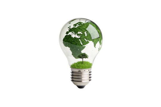 A glass bulb encasing lush greenery in the shape of continents, visually representing global sustainability and the importance of environmental responsibility, isolated on a transparent background
