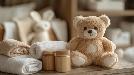 Baby teddy bear, towels, and toiletries on wooden table in nursery