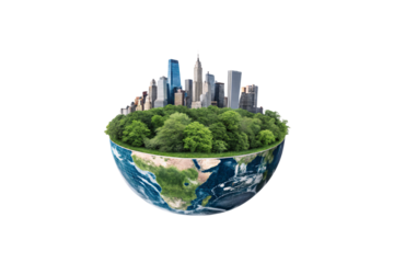 A half-sphere Earth holds a dense green forest, with a modern city skyline emerging from the trees. It symbolizes urbanization, nature, and sustainable coexistence, isolated on transparent background
