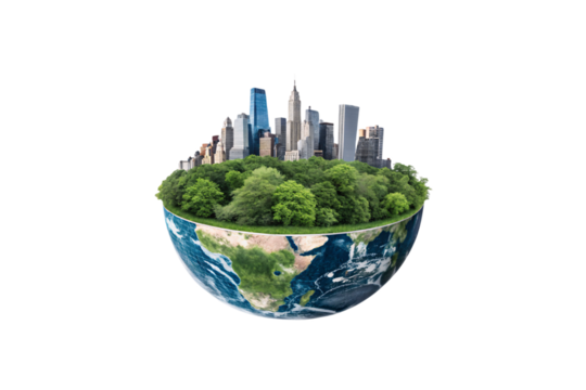 A half-sphere Earth holds a dense green forest, with a modern city skyline emerging from the trees. It symbolizes urbanization, nature, and sustainable coexistence, isolated on transparent background