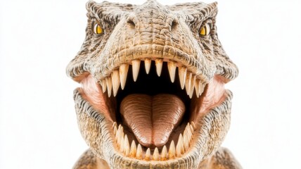 Obraz premium Closeup of a T-Rex figurine with sharp teeth and textured skin, isolated on white, showcasing primal power and intricate detail.