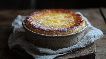 Baked Custard in Dish on Wooden Tablecloth