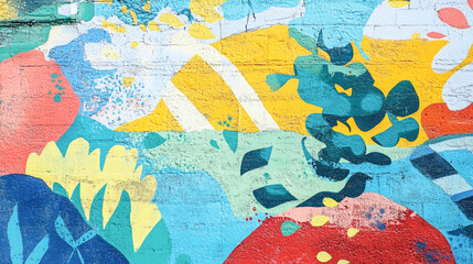 Colorful abstract graffiti mural on brick wall