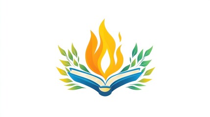 Open book with flames and leaves; educational concept; abstract logo; potential for use in learning