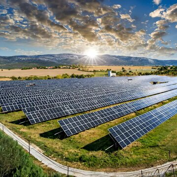 Solar panels generating clean energy at sunset in a vast field framed by distant mountains.