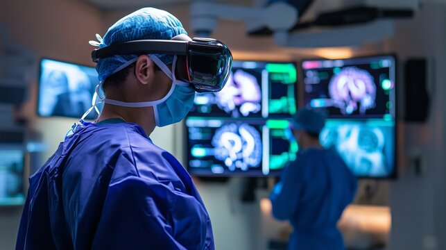 Surgeon uses AR glasses in neurology lab visualizing neural pathways via holographic displays. AI generated