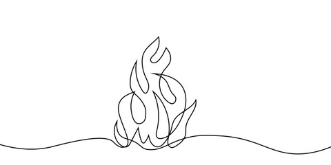 Continuous line flame icon. A simple black line drawing of a burning fire in a minimalist style on a white background. Vector illustration