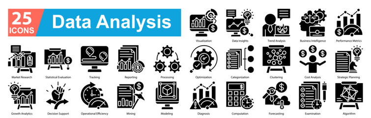 Data Analysis Icon Sheet vector glyph style Visualization, Data Insights, Trend Analysis, Business Intelligence, Performance Metrics, Market Research, Statistical Evaluation, Tracking, Reporting