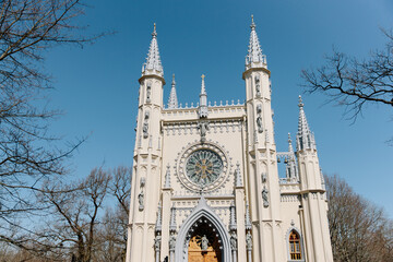 Spire of the Church in the medieval Gothic style. Gothic chapel. Top of the towers