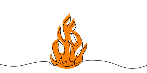 Continuous line flame icon in color. A simple line drawing of a burning fire with color in a minimalist style on a white background. Vector illustration