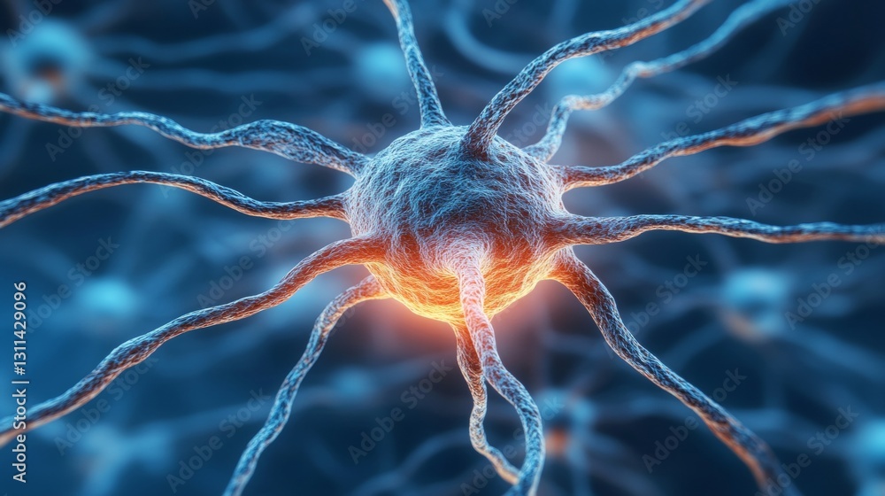Poster glowing neuron network visualizing ai, interconnected nodes, multimedia processing.
