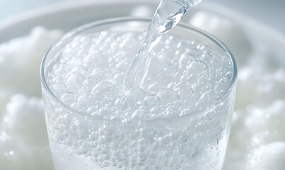 Pouring Sparkling Water into Glass on White Background