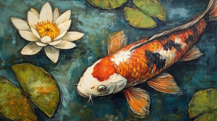 A koi fish with radiant orange and black colors, swimming near the surface of a pond, with water lilies floating gently on top.