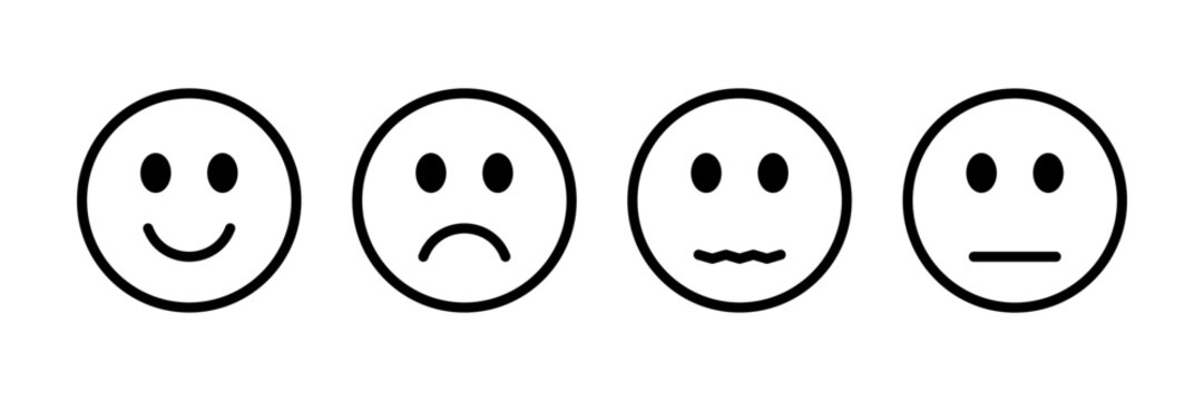 Naklejki A minimalistic black and white icon set displaying four facial expressions: happy, sad, nervous, and neutral, commonly used for emotions or feedback. Vector illustration