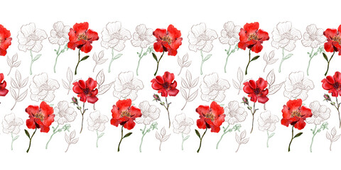 Watercolor seamless border with red flower, pansies and green meadow plants