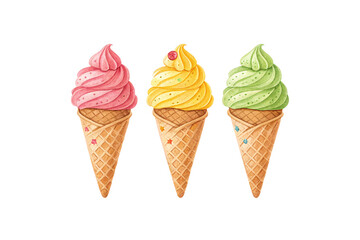 Three colorful illustrated ice cream cones strawberry, mango, and mint beautifully swirled, symbolizing playfulness, summer joy, isolated on a transparent background