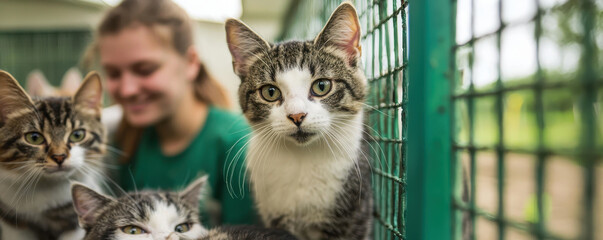 group of volunteers caring for rescued cats at shelter