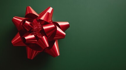 Red gift bow on green background