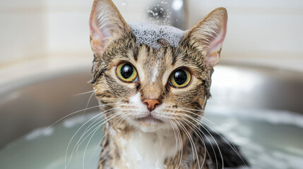 wet cat with soap on its head during bath, looking surprised