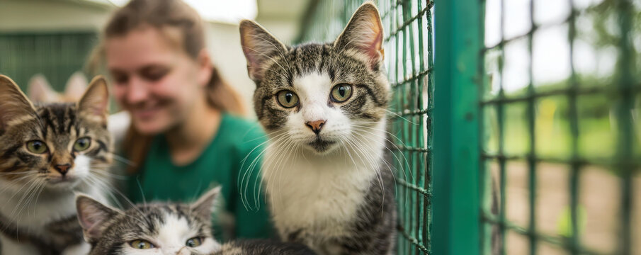group of volunteers caring for rescued cats at shelter