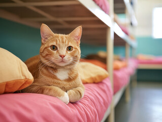 Orange cat relaxing on colorful bedding in shelter interior