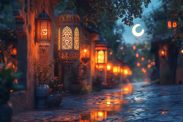 Obraz premium Lantern Lit Street Reflecting on Wet Cobblestones Under a Crescent Moon
