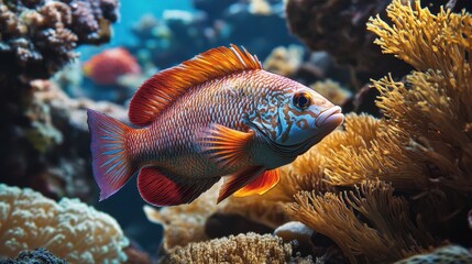 Fototapeta premium A reef fish demonstrating the incredible adaptations of nature, blending into its coral environment with precise camouflage, offering a perfect display of survival artistry.