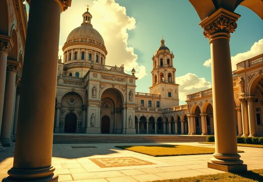 Courtyard of a Classical Church Complex with Domed Building and Bell Tower