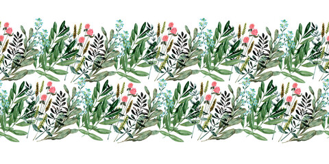Watercolor seamless border with red flower, pansies and green meadow plants