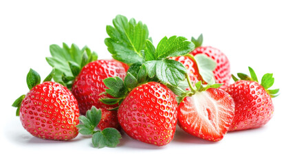Fresh ripe strawberries with green leaves on white background