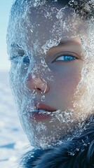 Ethereal Portrait of a Woman with Icy Mask in Winter Wonderland