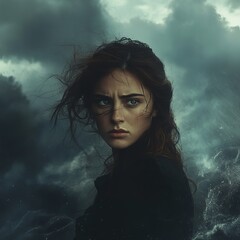 Fototapeta premium Dramatic Portrait of a Woman Amidst Stormy Dark Clouds and Waves
