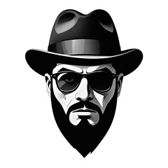 Bearded Man Face with Fedora Hat and Sunglasses Illustration