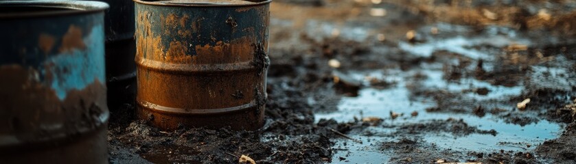 Fototapeta premium Close-Up of Hazardous Chemical Waste: A Stark Reminder of Environmental Risks and Safety Concerns.